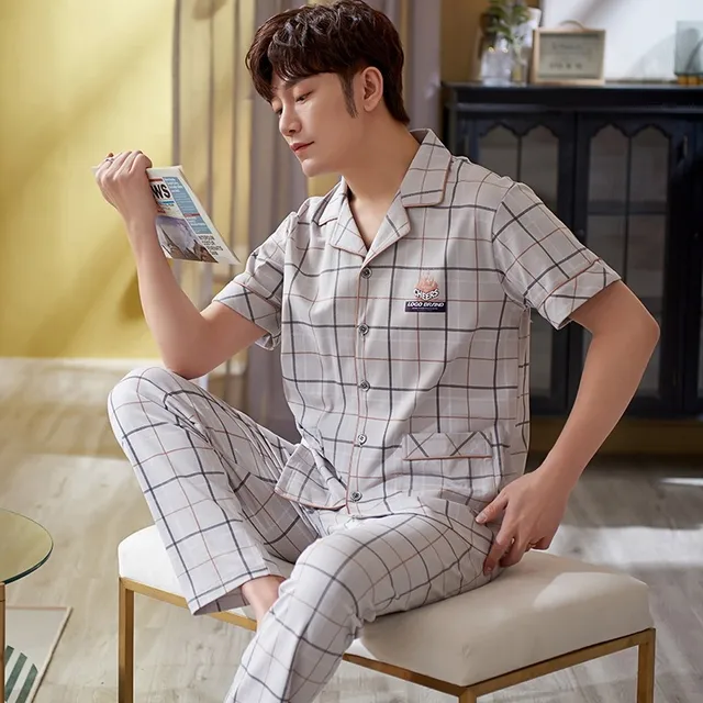 Men's Cotton Sleepwear Pajama Set, Plaid Pattern Button Up Shirt And Pants,  Men's Loungewear