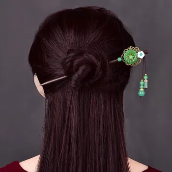 

Classical Copper Alloy Disc Coloured Glaze Hair Stick Delicate Smooth Green Onyx Pendant Headwear Female Fashion Jewelry