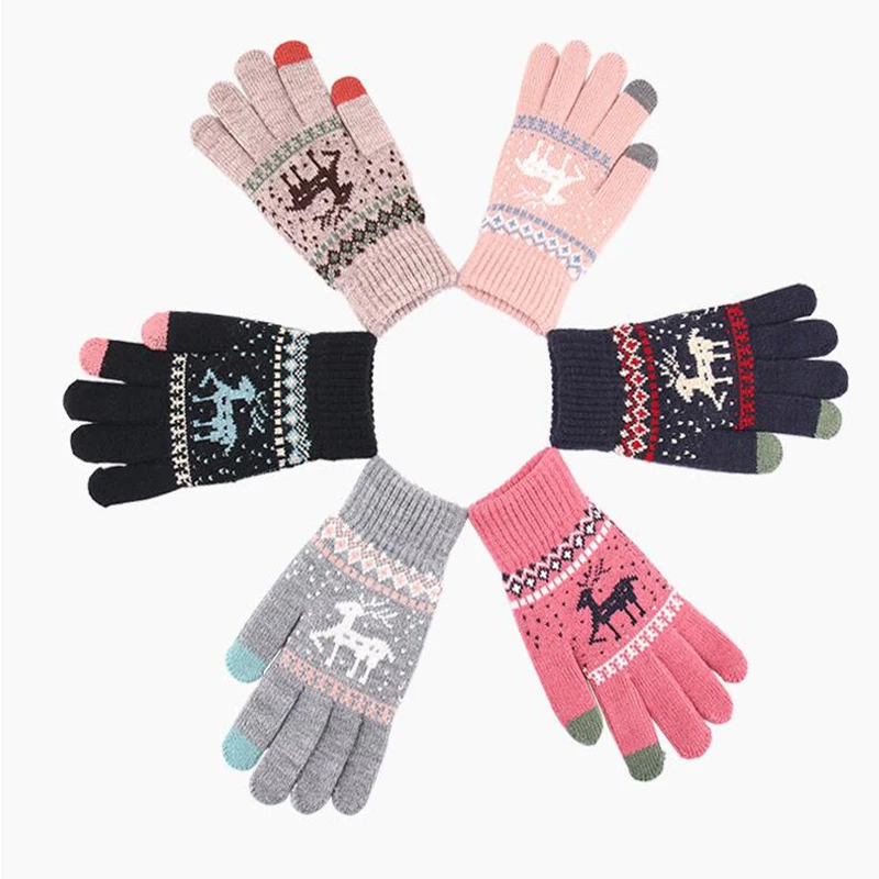 

New Jacquard Warm Fawn Gloves Women Touch Screen Glove Lady Winter Velvet Wool Gloves Female Christmas Mittens Glove