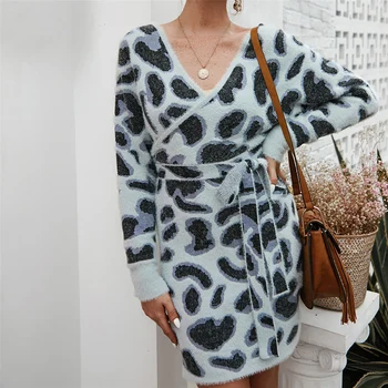 

women's sexy leopard print dresses knee length v-neck long sleeved autumn dresses with sashes knitted back hollow out warm dress