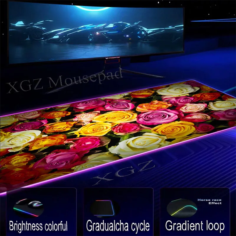  XGZ Anime World Flowers Rose Custom Large RGB Mouse Pad Black Lock-edge Office Computer Desk Mat Ru