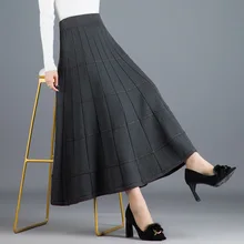 Зеленые, черные длинные плиссированные зимние юбки для женщин Макси винтажная трикотажная юбка Женская высокая талия свитер юбка falda tul mujer