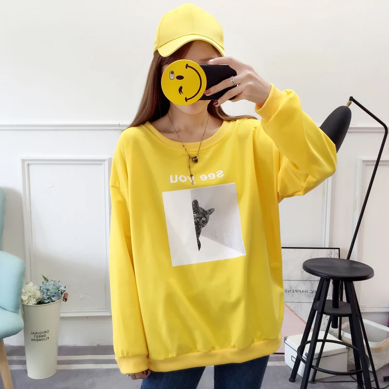 

O-neck Thin Women Hoodies Kawaii Cat Hooded Sweatshirts 2019 Autumn red yellow Long sleeve Plus size Loose Tracksuits Female
