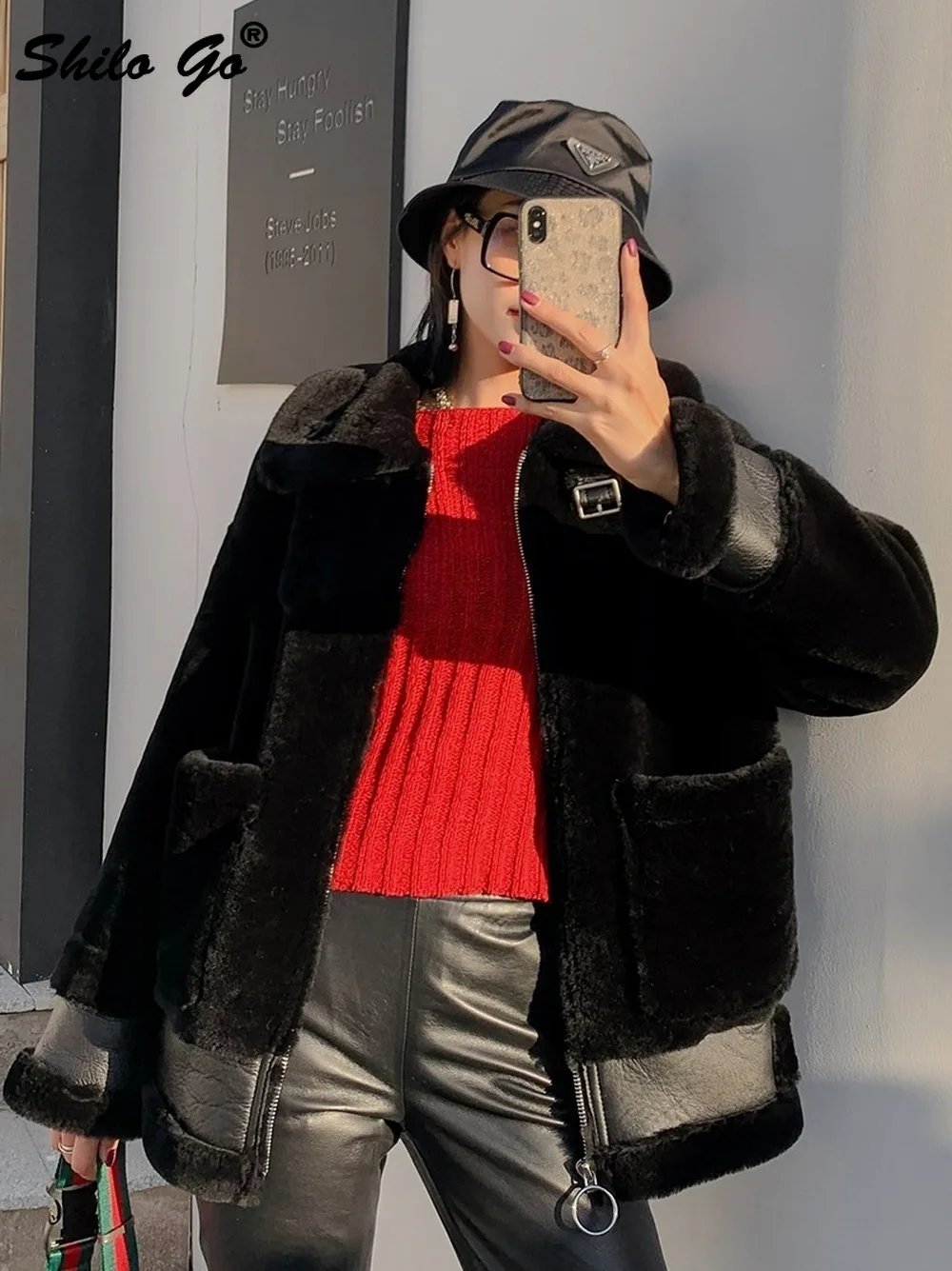 Double Faced Fur Jacket Highstreet Moto Buckle Turtleneck Thick Warm Lamb Fur Coat Women Winter Casual Plus Size Outwear Female