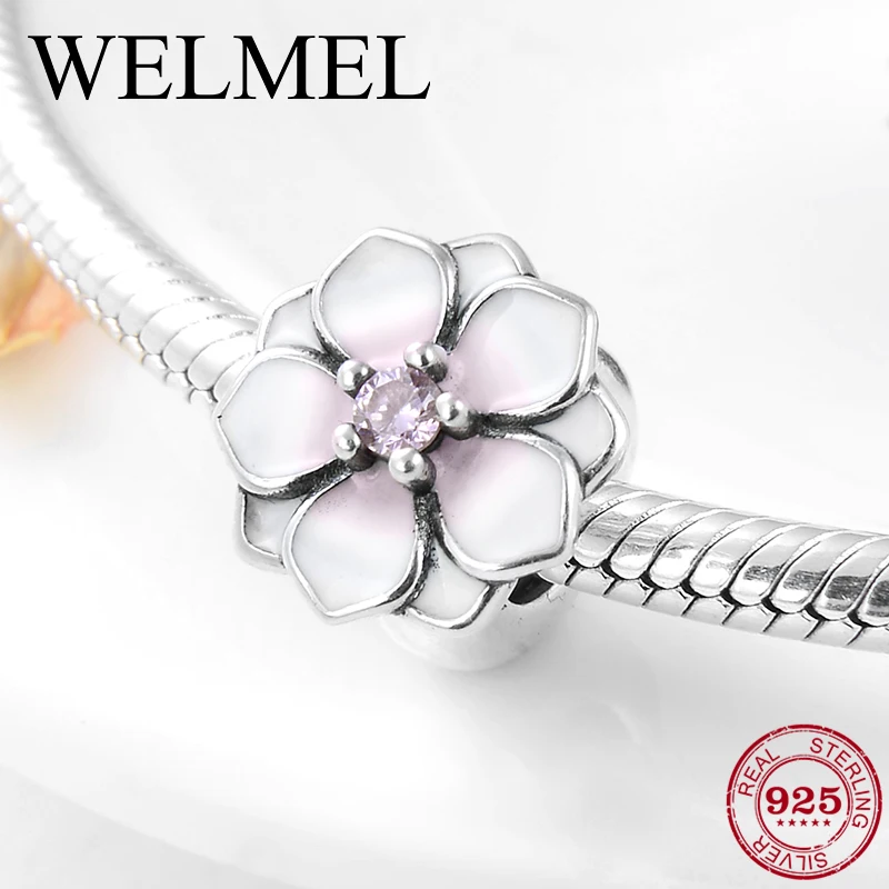

Fashion 925 Sterling Silver White pink Enamel Charms Flower Silicon Beads Fit Original Pandora Charm Bracelet Jewelry making