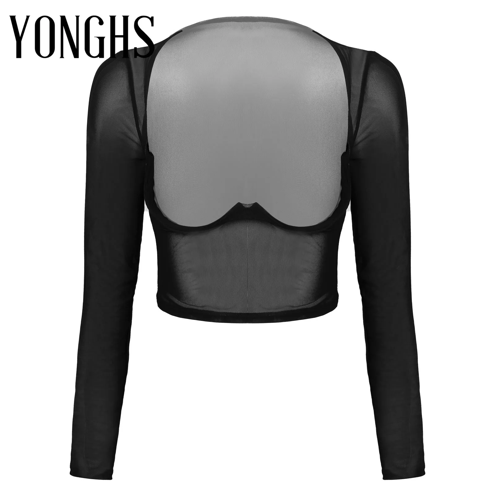 

Womens Wetlook Lingerie See-through Mesh Underwire Sexy Crop Tops Long Sleeve Open Front Sheer Erotic T-shirt Tops Nightwear