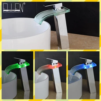 

LED Bathroom Faucet Tall Waterfall Glass Basin Sink Mixer Tap 3 Color Temperature Control Chrome Finished Deck Mounted EL580H
