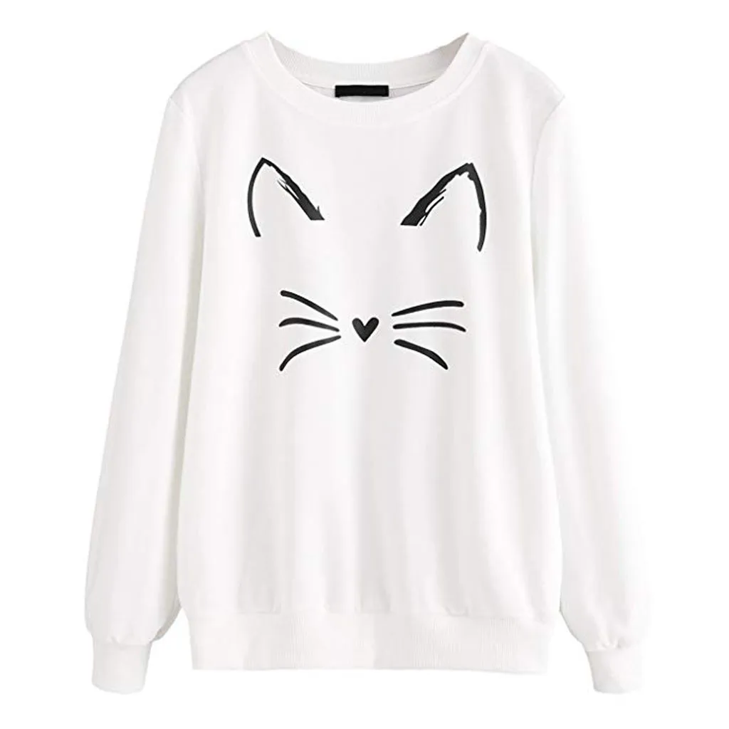 JAYCOSIN Fashion Women Casual Cat Round Neck Long Sleeve Sweatshirt Casual Popular Cute Soft Chic Elegant Blouse Sweatshirt