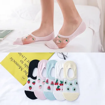 

Lace Women's Boat Socks Sweet Kawaii Transparent Crystal Silk Peach Avocado Strawberry Summer Invisible Ankle Sock for Girl
