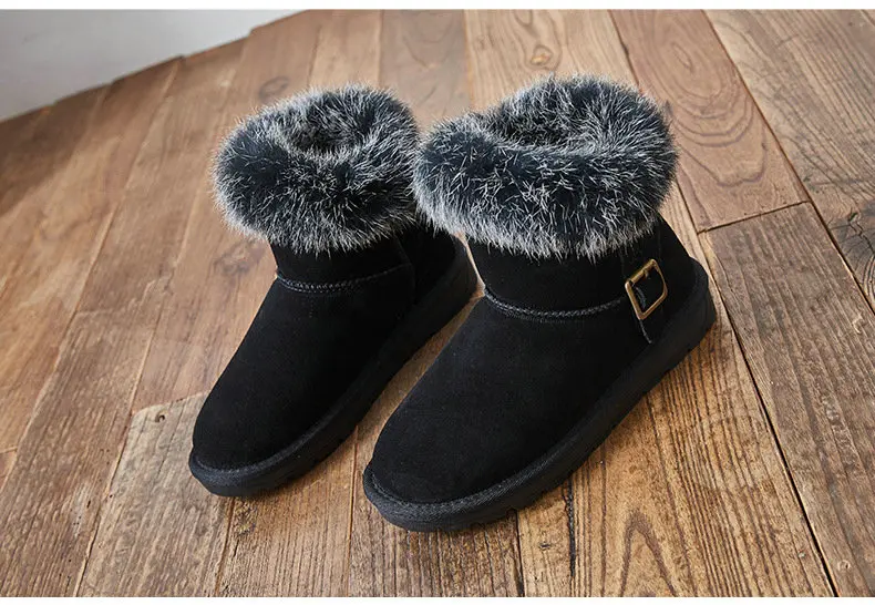 Ankle Genuine Leather Snow Boots Cow Suede Warm Fur Boots Women's Bucket Shoes Cowhide Flat Cotton Shoes
