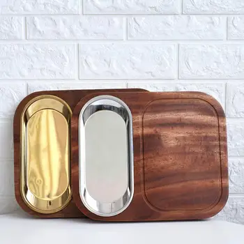

Serving Tray Rectangular Wood Dinner Fruit Snack Compartment Storage Tray With Copper Plate Kitchen Storage Tray