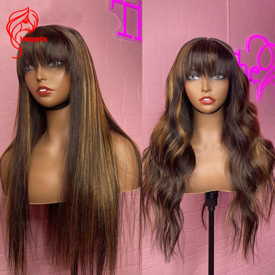 

Парик с челкой Hesperis для чернокожих женщин, парик с кутикулой блонд, машинное изготовление, бразильские натуральные волосы без повреждений