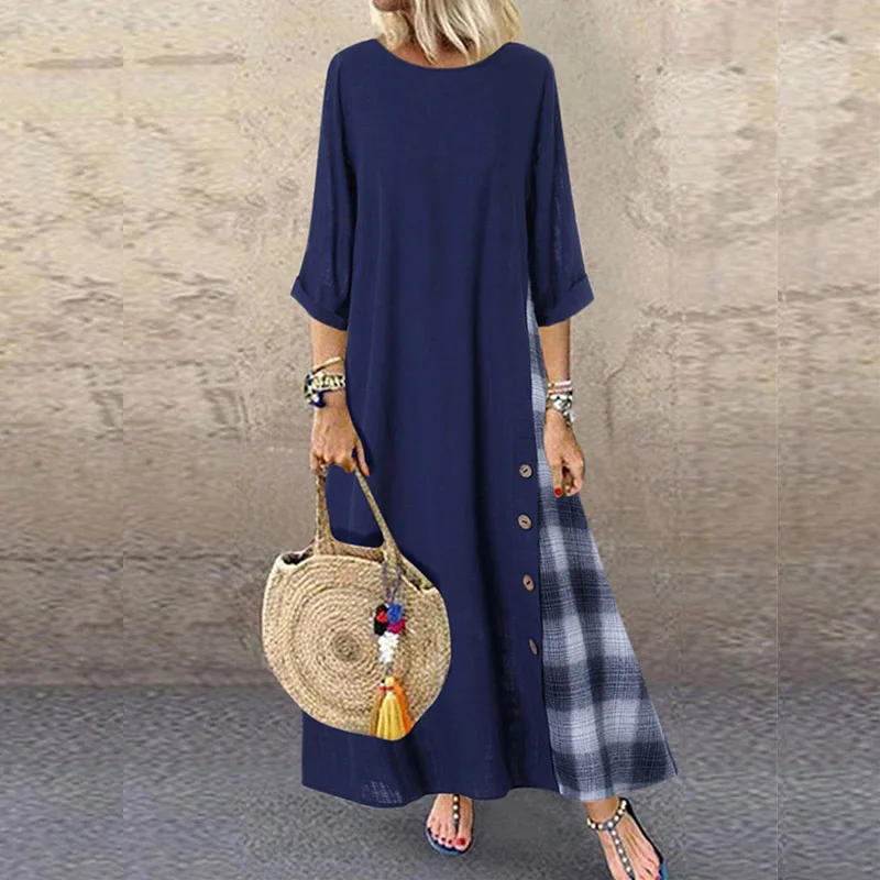 

Women Autumn Casual Cotton Linen Dress Loose Plus Size 4XL 5XL Three Quarter Sleeve O-Neck Patchwork Button Dresses
