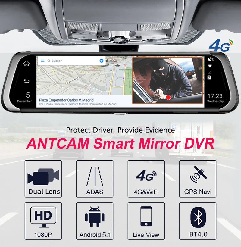 Зеркало видеорегистратор Antcam с GPS навигацией 4G ADAS Android 10 &quot FHD