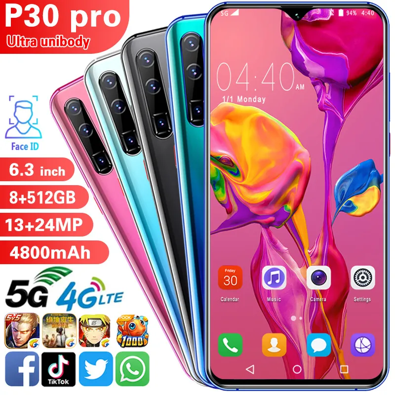 Smartphone P30pro phones MTK6592 6.3inch HD Mobile phone 1440*3040 Unlocked smartphone 8GB+512GB Camera 13MP+24MP