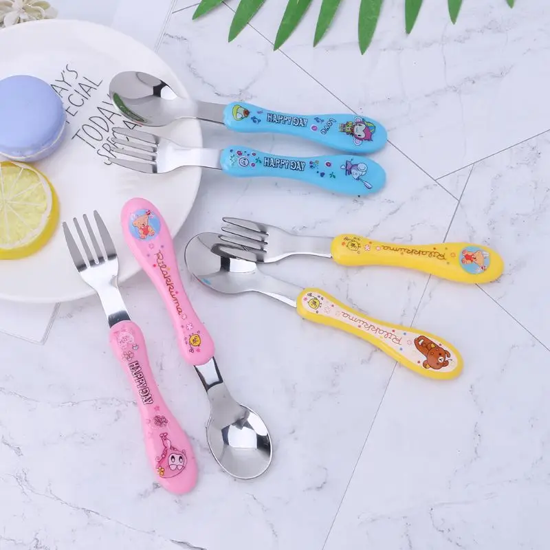 

1 Set Baby Tableware Spoon Fork Scoop Feeding Training Stainless Steel Cutlery 19QF