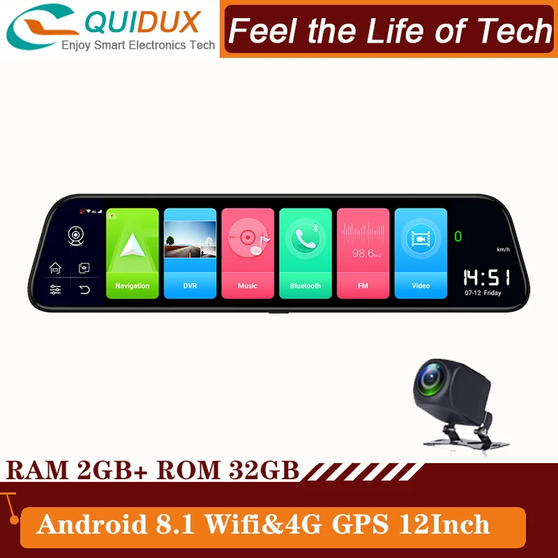 

Android Rearview Mirror 2GB+32GB Smart Car DVR Camera 12 Inch IPS 4G ADAS Dash Cam GPS Wifi Auto Video Recorder Dual Lens