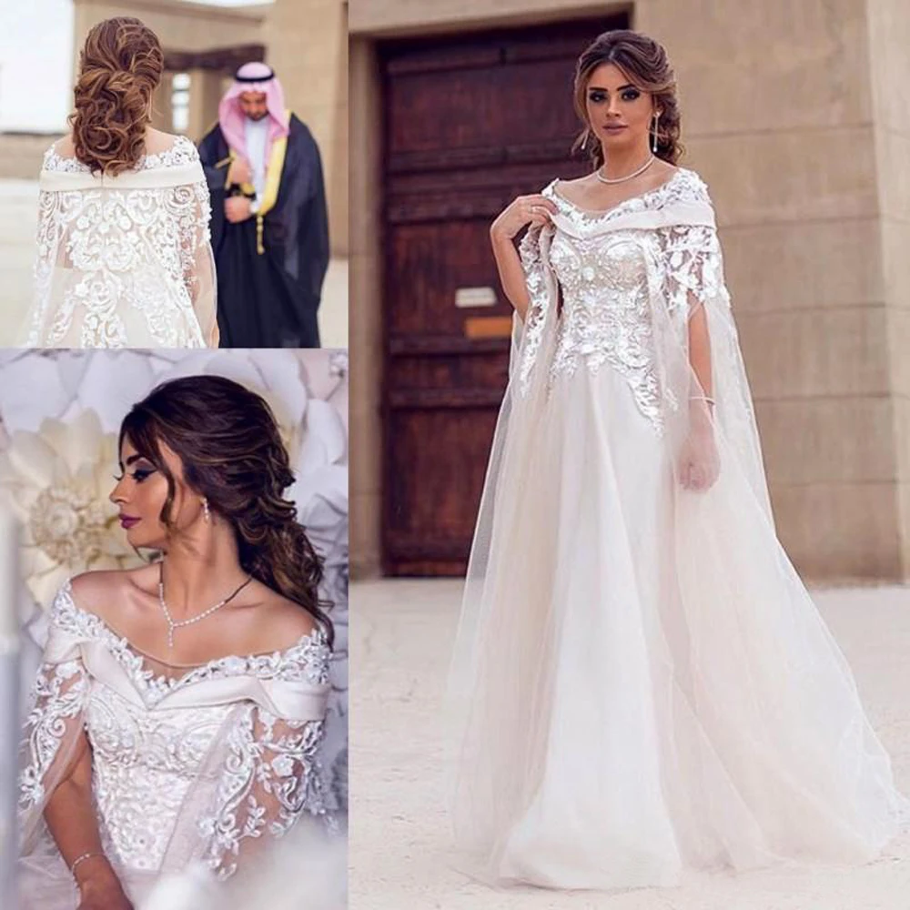 

Dubai Lace Cape Style Wedding Dresses 2020 Scoop Neck 3D Flower Lace Arabic Dress A Line Bridal Gowns Custom Made