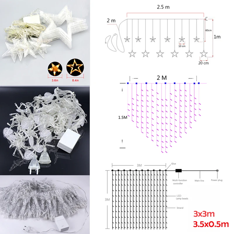 Светодиодный светильник, гирлянда, Рождественские огни, звездная лампа, украшение для праздничного занавеса, вечерние, свадебные, Неоновые фонари, 220 В, уличное освещение