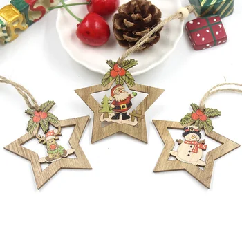 

4PCS Star and Bell Printed Wooden Pendants Xmas Tree Ornament DIY Wood Crafts Kids Gift for Home Christmas Party Decor Y