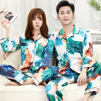 

Tie-dye Couple Pajamas Women Spring Summer Ice Silk Fashion Cute Home Clothes Men's Plus Size Long Sleeve Pocket Korean Pijama