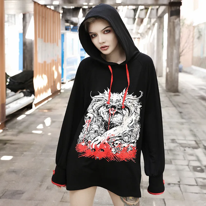 

Lychee Harajuku Devil Demon Print Women Hooded Sweatshirt Tracksuit Autumn Buckle Loose Women Hoodies Black Lady Pullovers