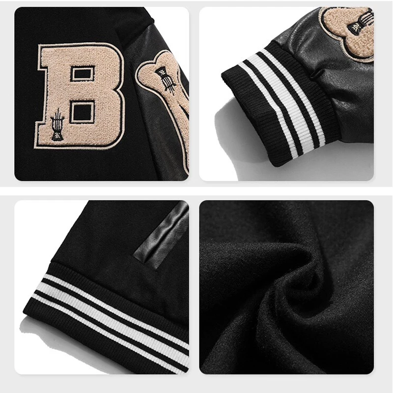 Mens Hip Hop Baseball Jacket Coats Embroidery Furry Bone Letter Patchwork Optional Harajuku College Bomber Coat Men Oversize