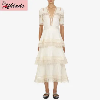 

Runway High Quality Self-Portrait Lace Patchwork Hollow Out V-neck Short Sleeve Fashion Vintage Party Long Vestidos Dress