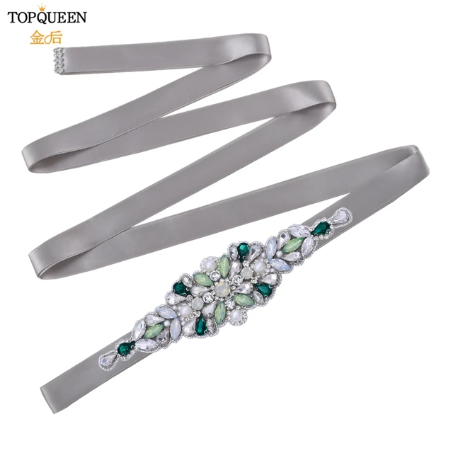 TOPQUEEN S443 Luxury Green Rhinestone Bridal Belt Beaded for Formal Evening Dresses Custom Diamond Decorative Belt Handmade gray ribbon