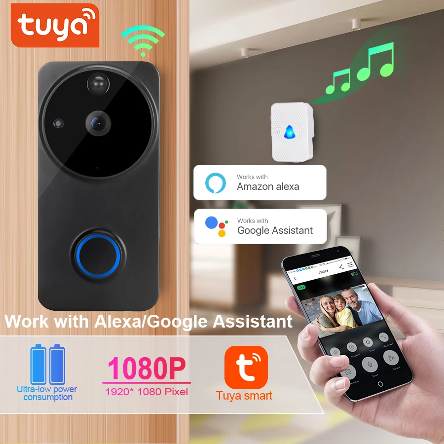 Tuya 1080P wifi video doorbell Alexa Google Home IP54 Waterproof Outdoor Wireless  Smart Video Doorbell Intercom Camera WiFi