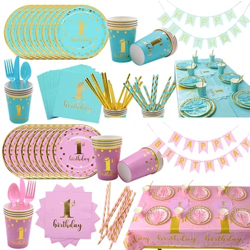 

Kids Girl Boy First Birthday Supplies Disposable Tableware Happy Birthday Banner For Children One Year 1st Birthday Party Decor