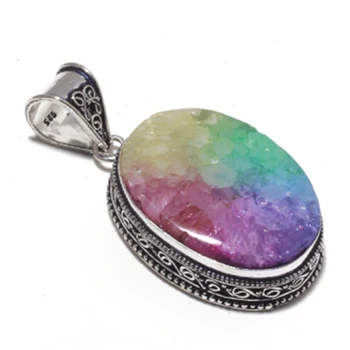 

Genuine Rainbow Solar Quartz Pendant Silver Overlay over Copper , Hand Made Women Jewelry Gift , P9134