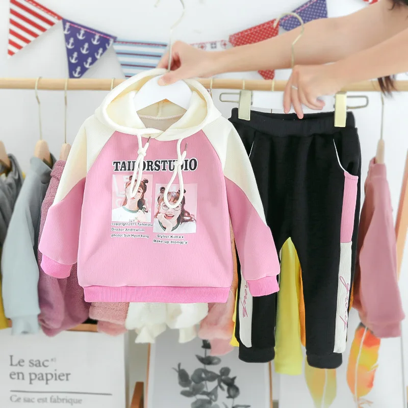 

Korean-style Baby Girls Hooded Long-sleeved Sweater 2019 Fall And Winter Clothes New Style plus Velvet CHILDREN'S Suit Two-Piece