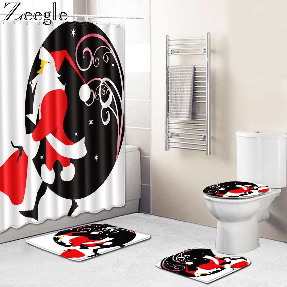 Zeegle 4pcs Christmas Bath Curtain Bathroom Carpet Set Anti-slip Shower Mat Toilet Rug Absorbent Foot Mat Washable Bath Mat Set