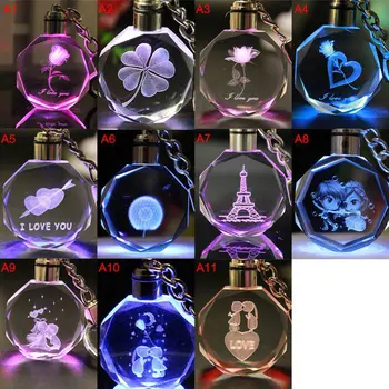 

Valentine's Day Gift 3D Crystal Engraving Couple LED Light Laser Engraved Key Chains Crystal Couple Key Ring Weeding Souvenir