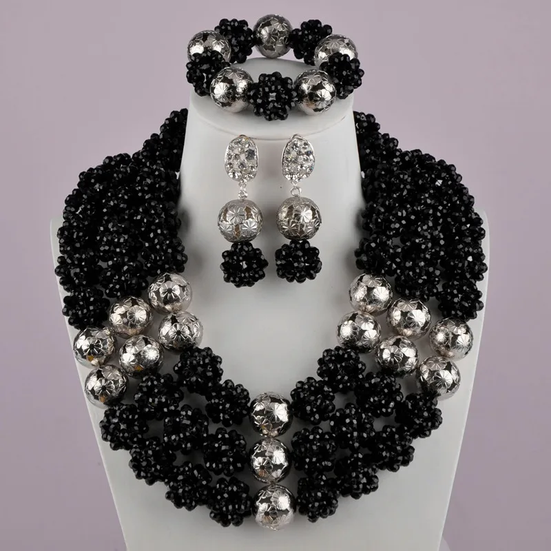 Black-Silver Многоцветный Позолоченный Хрустальный шар из бисера Африканский комплект ювелирных изделий нигерийские бусы - Окраска металла: Black-Silver