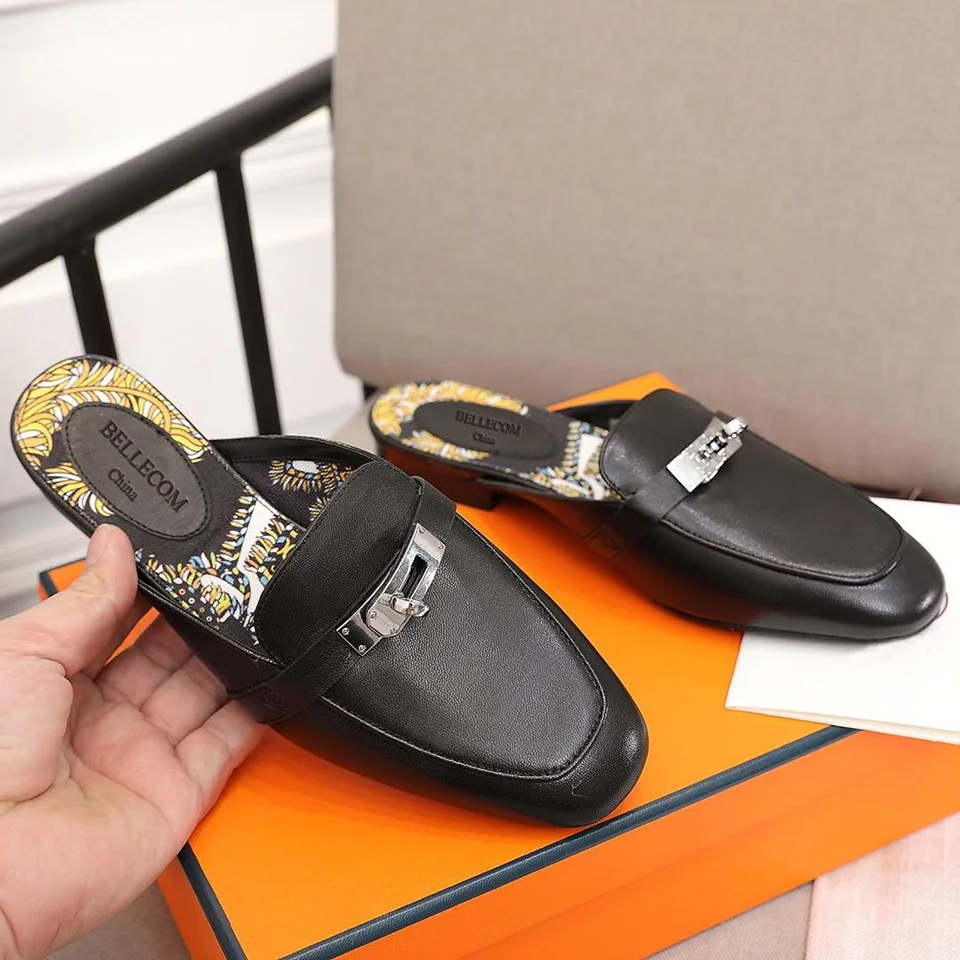 

BELLECOM 2019 Summer New Leather Slacker Baotou Sandwich Flat Bottom Fashion Half Slippers