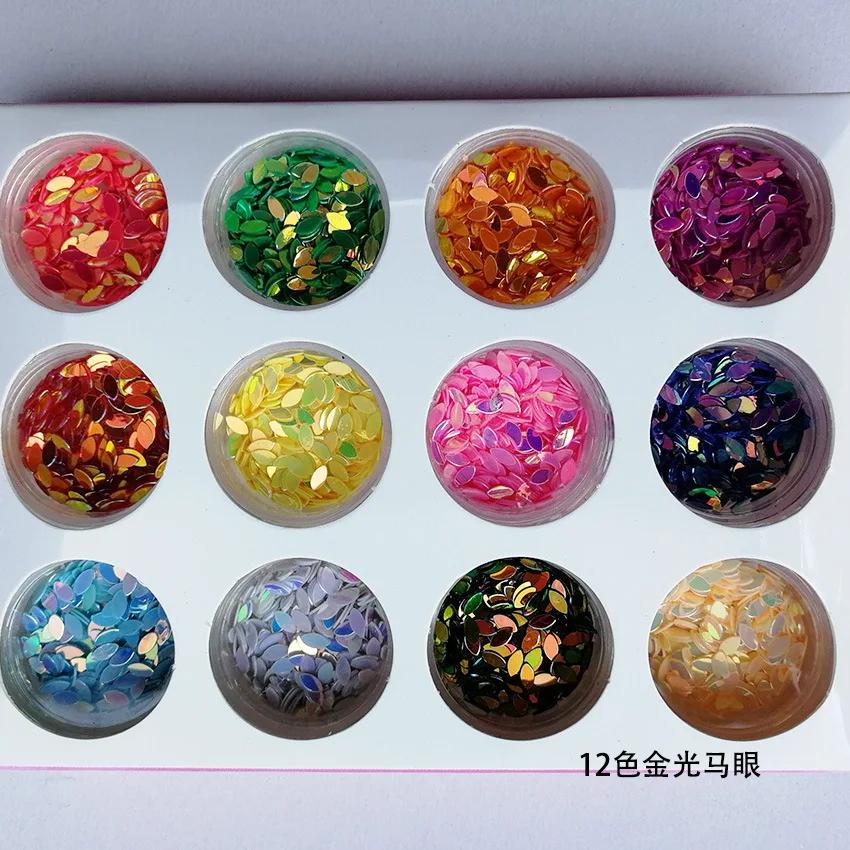 12-Color Boxed Manicure Laser Sequin Symphony Shimmering Powder Hexagonal Sequins Hollow out Heart Snowflake Golden Horse Eye Fo
