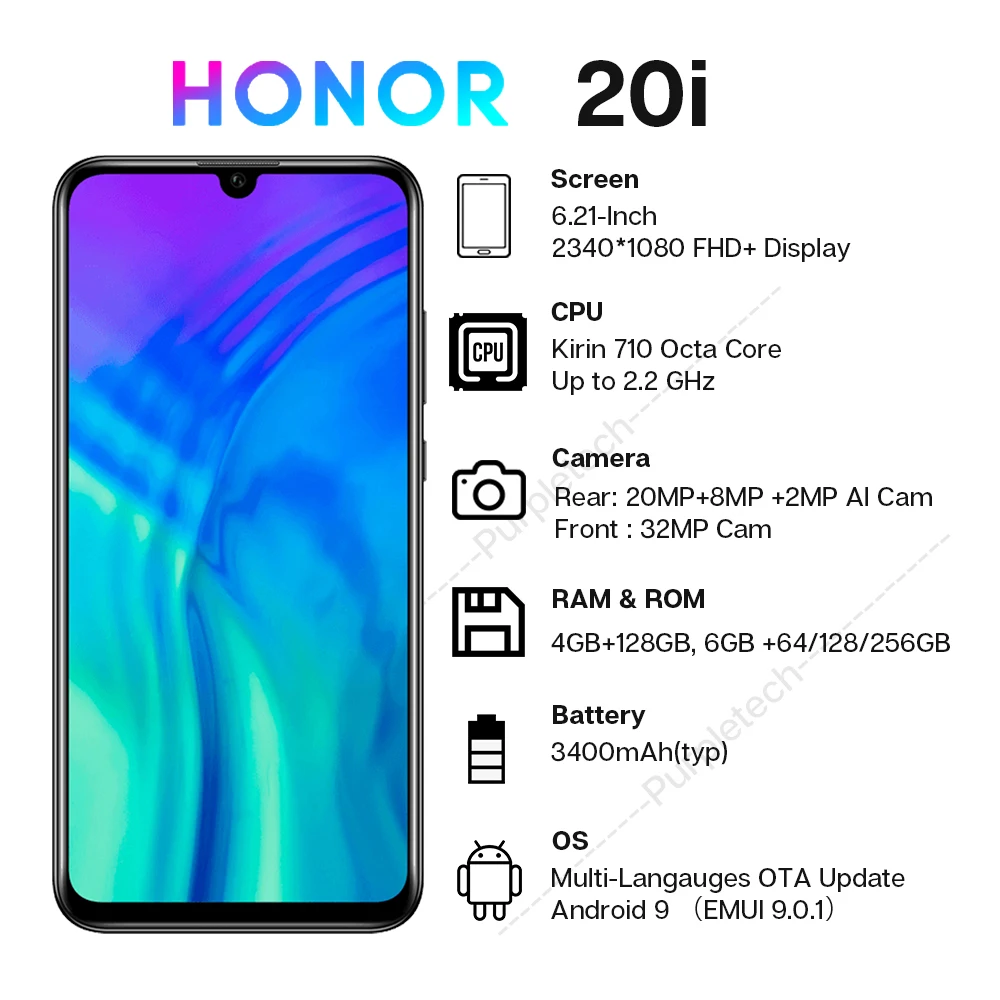 Honor 20i 20 i смартфон Google Play 20 lite Kirin 710 Восьмиядерный фронтальная 32 Мп задняя 24 МП Тройная камера 3400mA 2340X1080 мобильный