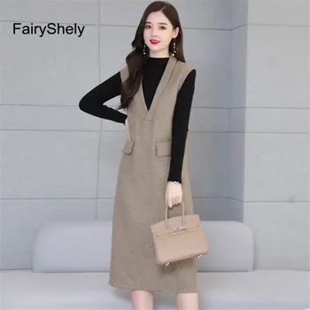 

Retro Strap Sweater Dress Suit Women 2020 Autumn Winter Knitted Pullover Vest Woolen Long Dress Office Ladies Solid 2Piece Set