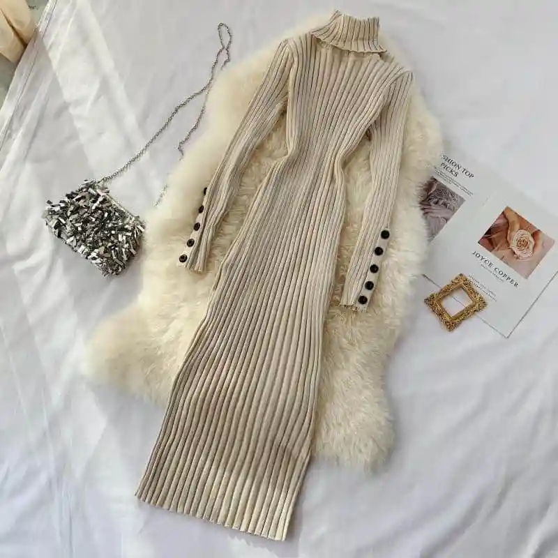 

NiceMix Autumn Women Solid Color Turtleneck Long Sleeve Button High Waist Slim Knee-length Vintage Knitted Dress