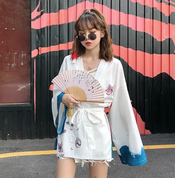 

#5038 Summer Black White Cardigan Kimono Poncho Vintage Printed Shirt Women Oversize Loose Harajuku Kimono Cardigan Femme Kawaii