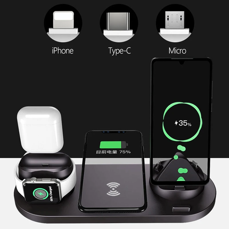 6 in1 10W Wireless Charger Stand Dock for iPhone 11 Pro Xs Max 8 X Fast Wireless Charging for Apple Watch 5 4 3 2 Airpods Pro 2