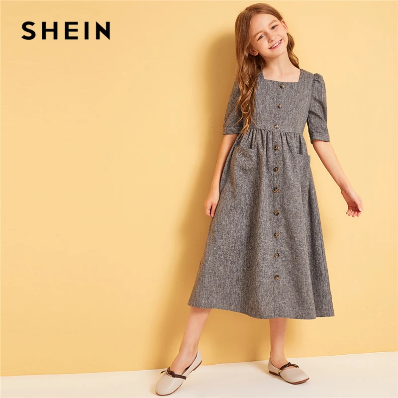 

SHEIN Kiddie Grey Square Neck Button Front Girls A Line Dress 2019 Autumn Half Sleeve Double Pocket Children Casual Dresses