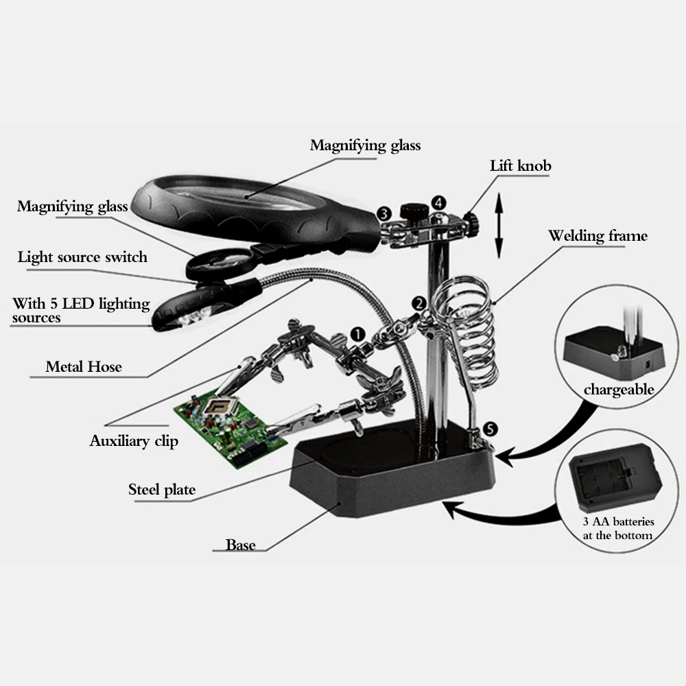 Beste 2.5X 7.5X 10X USB Auxiliary Clip Lassen Vergrootglas 5 LED Hand Solderen Soldeerbout Standhouder Station Magnifier