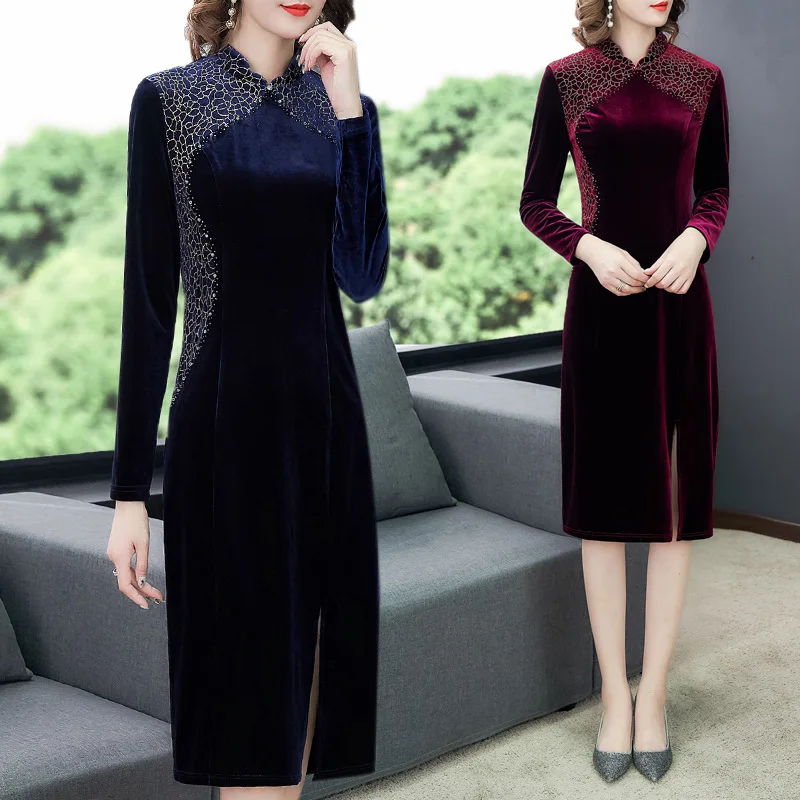 

Gold Velvet Improved Cheongsam Women's Middle-aged Wedding Banquet Mom Long-sleeved Dress Hi Grandma Mother-in-law Wedding Dress