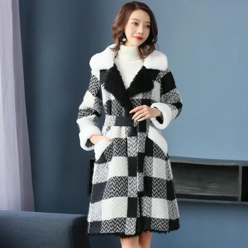 Женское зимнее пальто из натурального меха, стрижка овец, клетчатая Длинная шерстяная куртка для женщин, Натуральная шерсть, овечья шерсть, одежда Abrigos Mujer N52