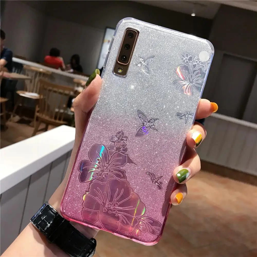 A10 Gradient Buterfly Rose Flower Glitter TPU Case For Samsung Galaxy A20 A30 A40 A50 A70 A20E A10E Cover Soft Phone Cases |