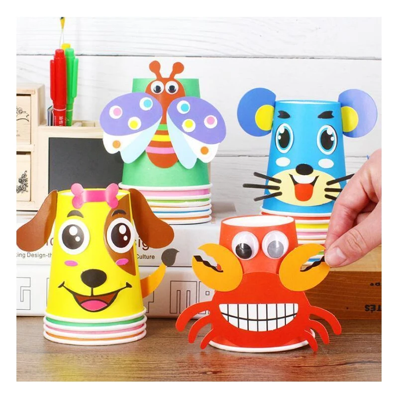 12pcs/set Children Animals DIY Handmade Paper Cups Sticker material kit kindergarten School Art Craft Kids Educational Toys
