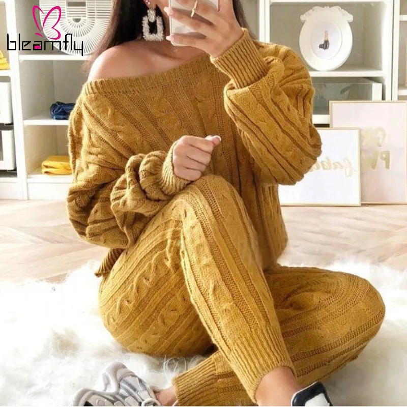 

Autumn Winter Tracksuit Women 2 Piece Set Sweater Top+Pants Knitted Suit Plus Size Knit Set Women Outwear 2 Piece Matching Sets